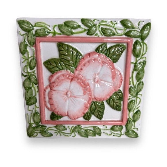 Vintage Treasure Craft Pink Green Floral Trivet Decor Wall Art Ceramic Tile - Picture 1 of 14